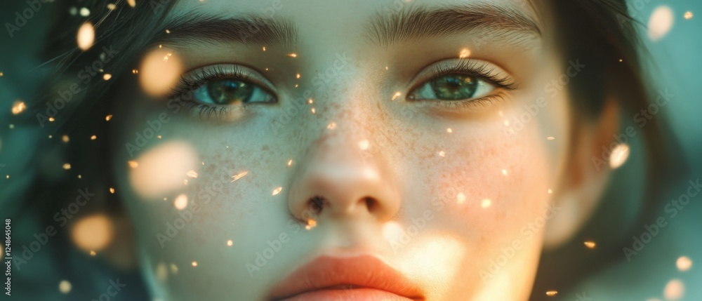 close-up portrait of a woman with magical glowing freckles close-up portrait of a woman with magical glowing freckles