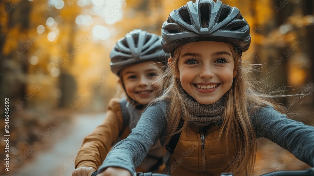 Autumn Bicycle Ride: Two Smiling Girls Enjoying a Scenic Forest Path Autumn Bicycle Ride: Two Smiling Girls Enjoying a Scenic Forest Path