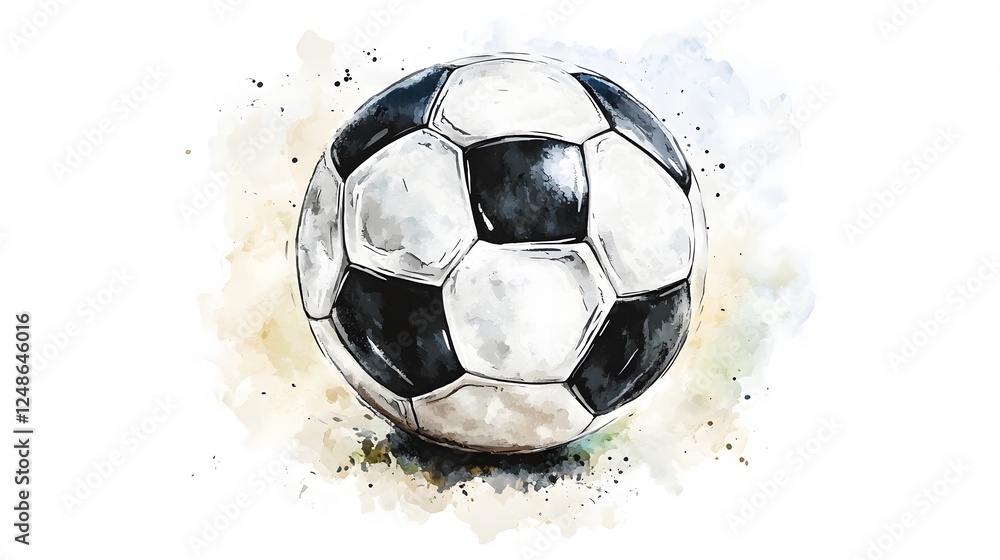 Naklejka premium Watercolor painting showcases a classic black and white soccer ball