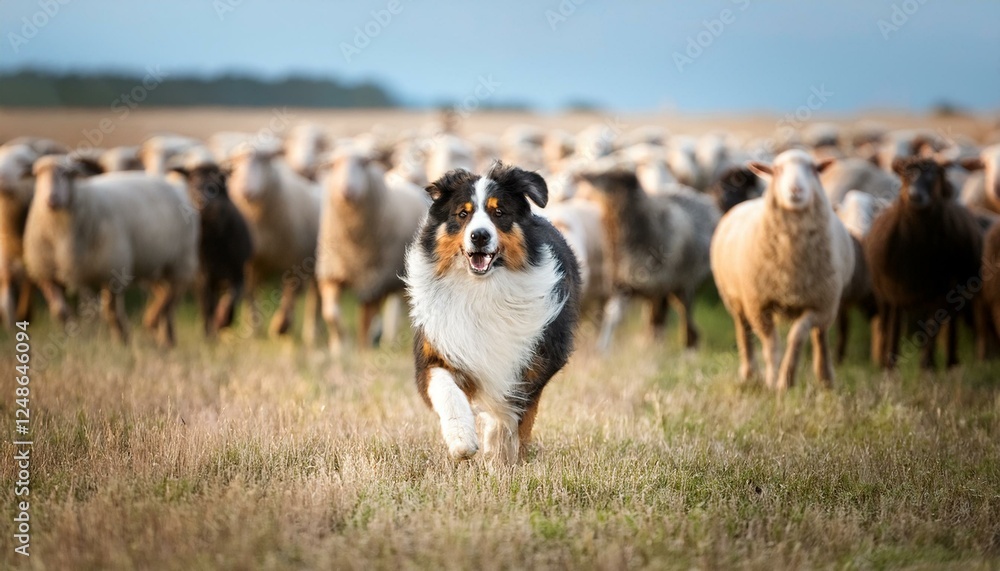 Generated image Running Australian Shepherd dog breed surrounded by flock of sheep. Aussie portrait in nature Generated image Running Australian Shepherd dog breed surrounded by flock of sheep. Aussie portrait in nature