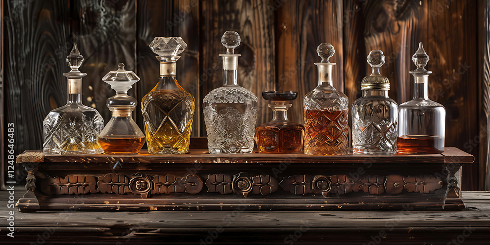 Elegant Glass Decanters Filled with Spirits on Rustic Wooden Shelf
Elegant Glass Decanters Filled with Spirits on Rustic Wooden Shelf