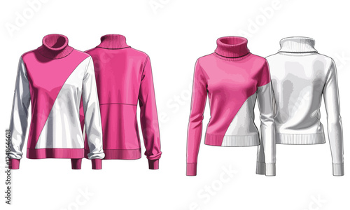 Women's Roll-Neck Colour-block Jumper. Technical fashion illustration. Front and back, pink and white. Women's CAD mock-up