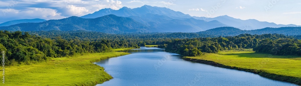 Obraz premium A serene landscape featuring a river flowing through lush greenery, framed by majestic mountains under a clear blue sky.