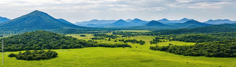 Obraz premium A breathtaking panoramic view of lush green fields bordered by rolling mountains under a clear sky, showcasing nature's beauty and tranquility.