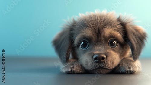 Cute puppy resting on table, blue background.  Perfect for pet websites photo