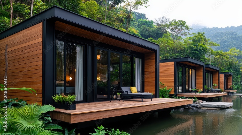 Modern wooden cabins perched on stilts, surrounded by lush greenery and water, creating a serene getaway in nature. Modern wooden cabins perched on stilts, surrounded by lush greenery and water, creating a serene getaway in nature.