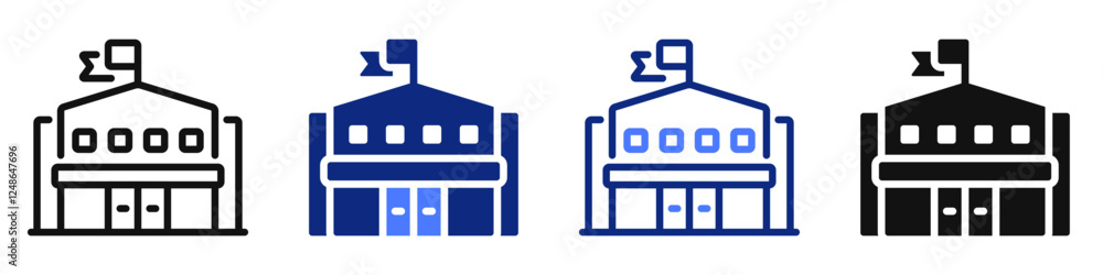 Vector icon or logo of building with flag related to real estate, construction, city architecture. Symbol for website or app ui, logo design, illustration