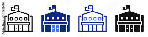 Vector icon or logo of building with flag related to real estate, construction, city architecture. Symbol for website or app ui, logo design, illustration