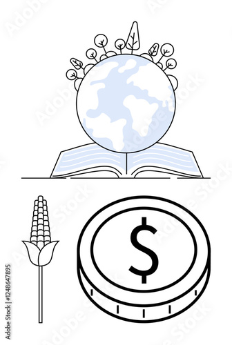 Open book with globe sprouting plants, wheat stalk, and currency coin. Ideal for sustainability, education, environment, agriculture, economy, knowledge growth abstract line flat metaphor