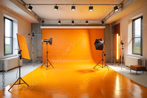 Empty orange studio space serves as a backdrop for solo & group photos, as well as showcasing various products.	
