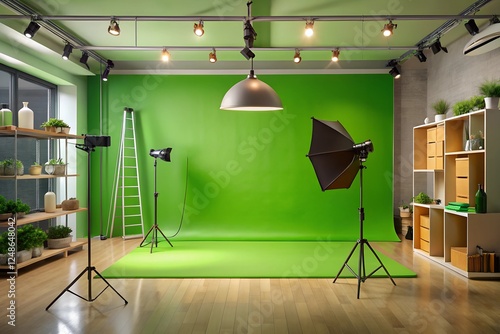 Empty green studio space serves as a backdrop for solo & group photos, as well as showcasing various products.	