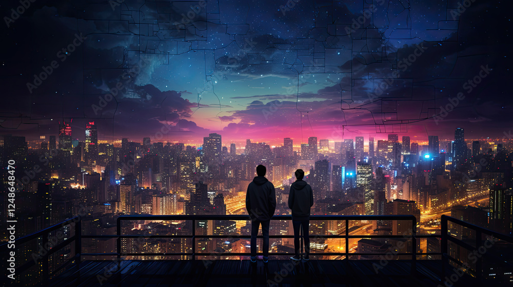 Two Figures Silhouetted Against a Vibrant Night Cityscape Two Figures Silhouetted Against a Vibrant Night Cityscape