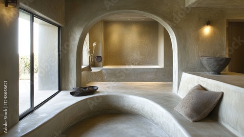 Contemporary Living Area Featuring Curved Concrete Bench and Venetian Plaster Walls: Natural Illumination and Elegant Ceramic Vessel Group with Double Arch Design. photo