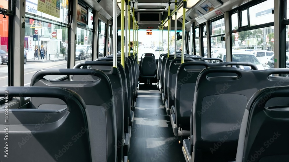 Obraz premium Empty Interior of Modern City Bus with Rows of Seats and Aisle