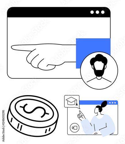 Hand pointing, profile picture of a man, coin with dollar sign, woman in video call with envelope notification. Ideal for communication, finance, online interaction, messaging, notifications digital