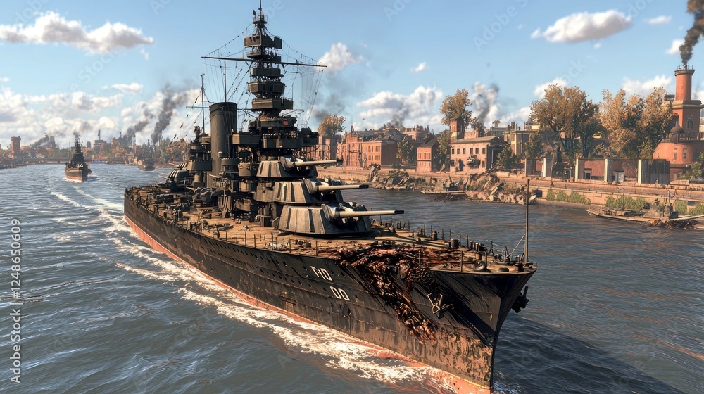 Damaged Battleship Sailing on a River: A Majestic Vessel in a Historic Cityscape Damaged Battleship Sailing on a River: A Majestic Vessel in a Historic Cityscape