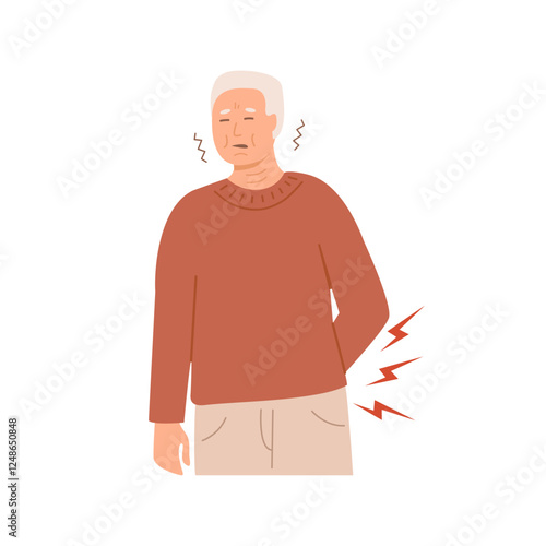 Elderly man suffering from lower back pain, holding his waist with a painful expression. Flat Style Vector Illustration.