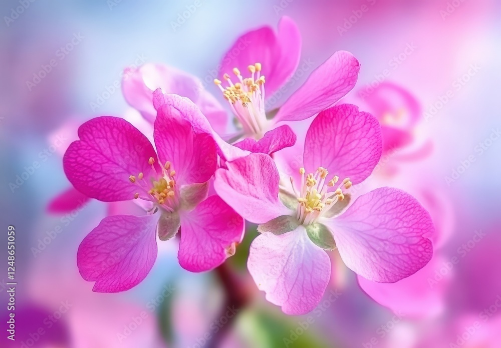 Closeup of a cluster of pink flowers blooming on a branch