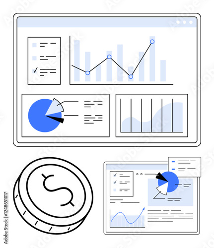 Financial dashboard displaying bar graphs, pie charts, and line graphs. Dollar coin icon. Ideal for finance, investment, business analysis, data visualization, economic research budgeting