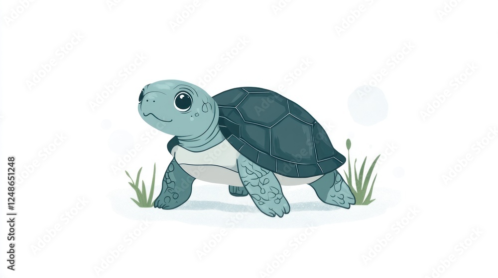 Fototapeta premium Cute turtle walking, nature background, illustration for kids' book