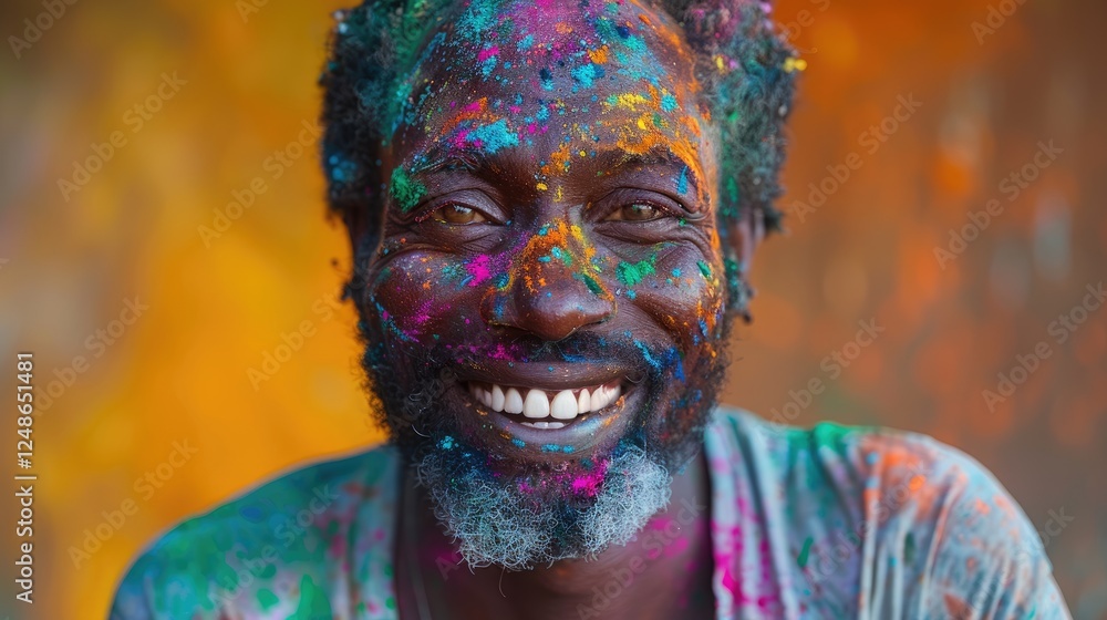 A man is smiling widely, his face covered in vibrant colored Holi powder. This joyful expression reflects the festive atmosphere of a cultural celebration, showcasing community and happiness A man is smiling widely, his face covered in vibrant colored Holi powder. This joyful expression reflects the festive atmosphere of a cultural celebration, showcasing community and happiness