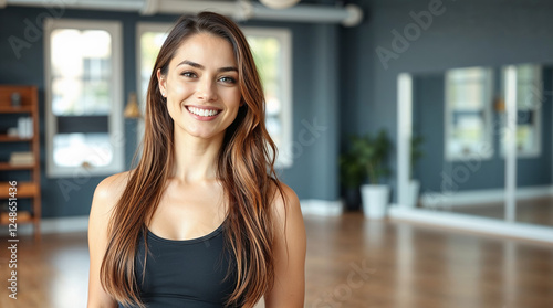 Happy young woman yoga coach laughing standing in yoga gym studio, Sporty healthy female trainer wearing sportswear looking away Free Download Happy young woman yoga coach laughing standing in yoga gym studio, Sporty healthy female trainer wearing sportswear looking away - GFXLoad