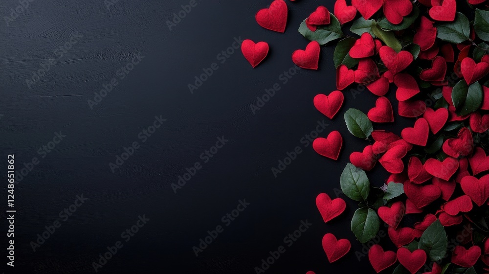 Red Heart Shapes with Green Leaves on Dark Background for Romance Red Heart Shapes with Green Leaves on Dark Background for Romance