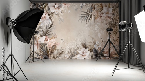 Professional photography studio with floral backdrop