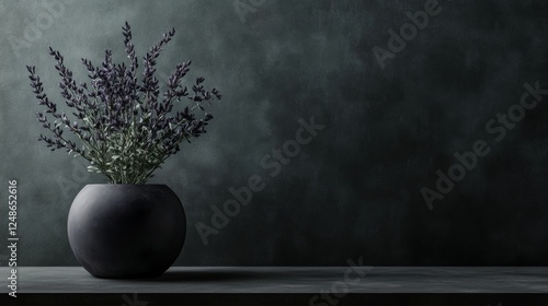 Minimalist black vase with lavender against a textured wall