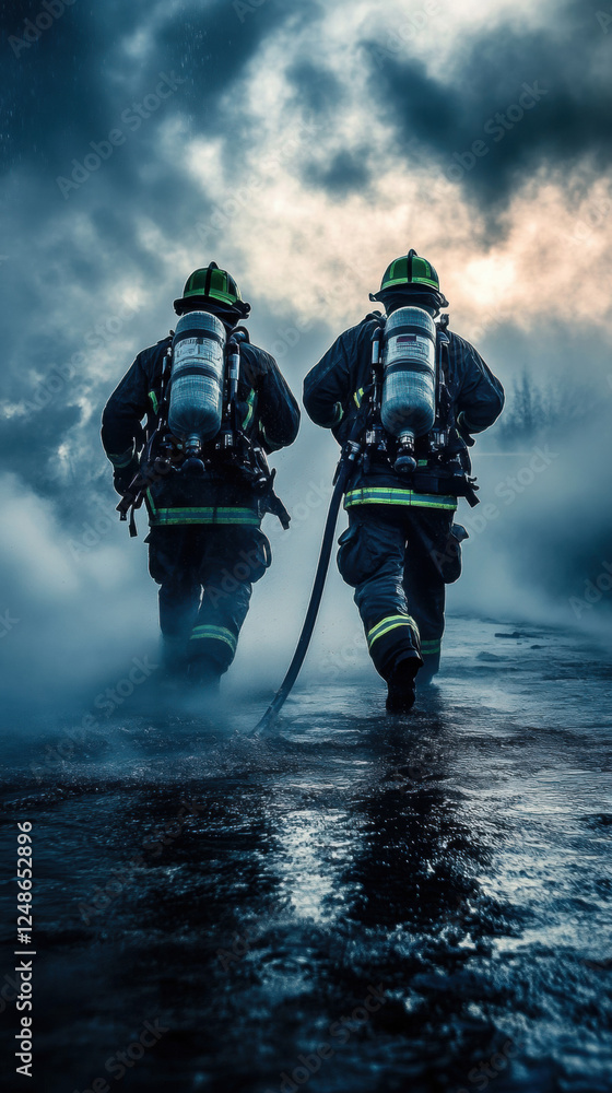Fototapeta premium A 3D rendered image of a man in the water wearing a scuba mask and firefighter gear, surrounded by smoke and fire, representing an emergency situation in the sea