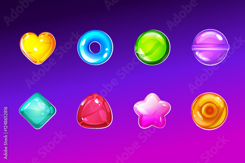 Set of hard candy, dragoon, lollipop, caramel, jelly, mint in various shapes and colors