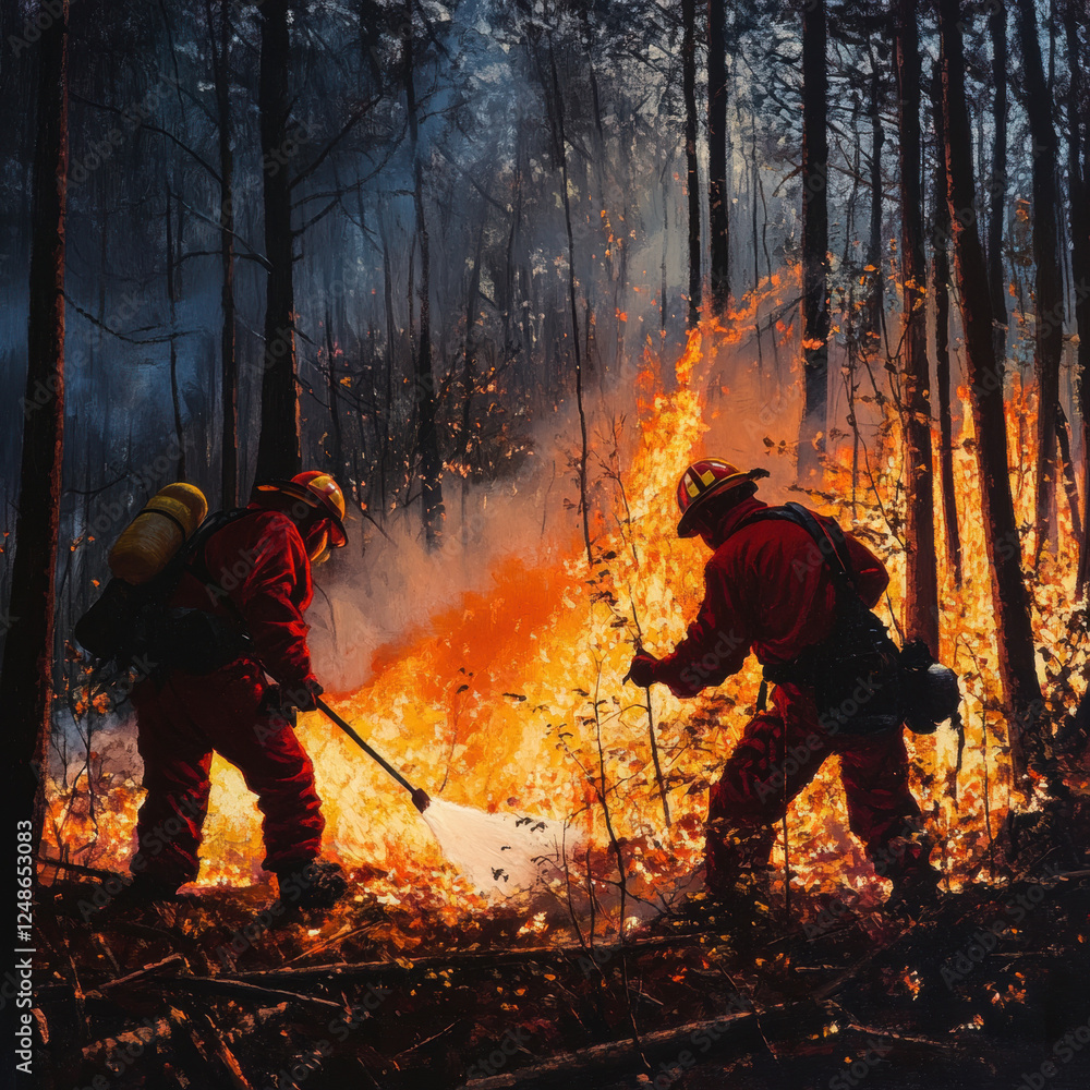 Naklejka premium Firefighters battling a forest fire at night with flames, smoke, and danger surrounding them, featuring a brave woman warrior in action with a sword amidst the intense heat and horror
