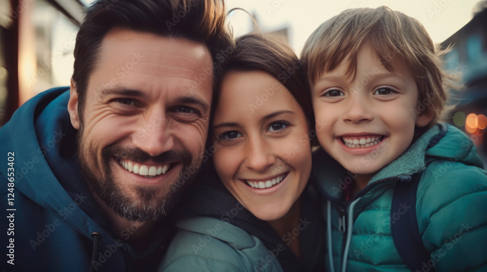 Obraz premium Cheerful family embracing happiness together portrait image. Smiling parents happy young son on outdoor outing picture photorealistic. Fatherhood motherhood concept photo realistic