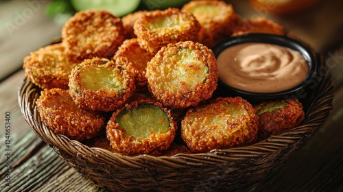 Wallpaper Mural Crispy fried pickles served in a rustic basket alongside a creamy dipping sauce, with a blurred background of fresh ingredients Torontodigital.ca