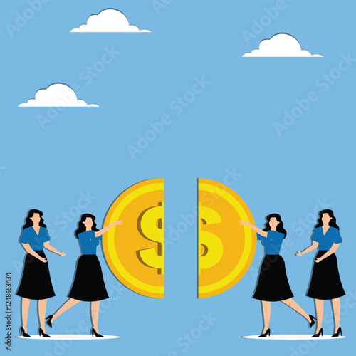 Profit sharing, wealth division, reorganization or merger, two groups of businesswomen each holding half of the dollar signs