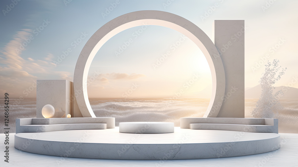 Fototapeta premium Serene Seascape Minimalist Composition with Geometric Arch and White Platform at Sunset