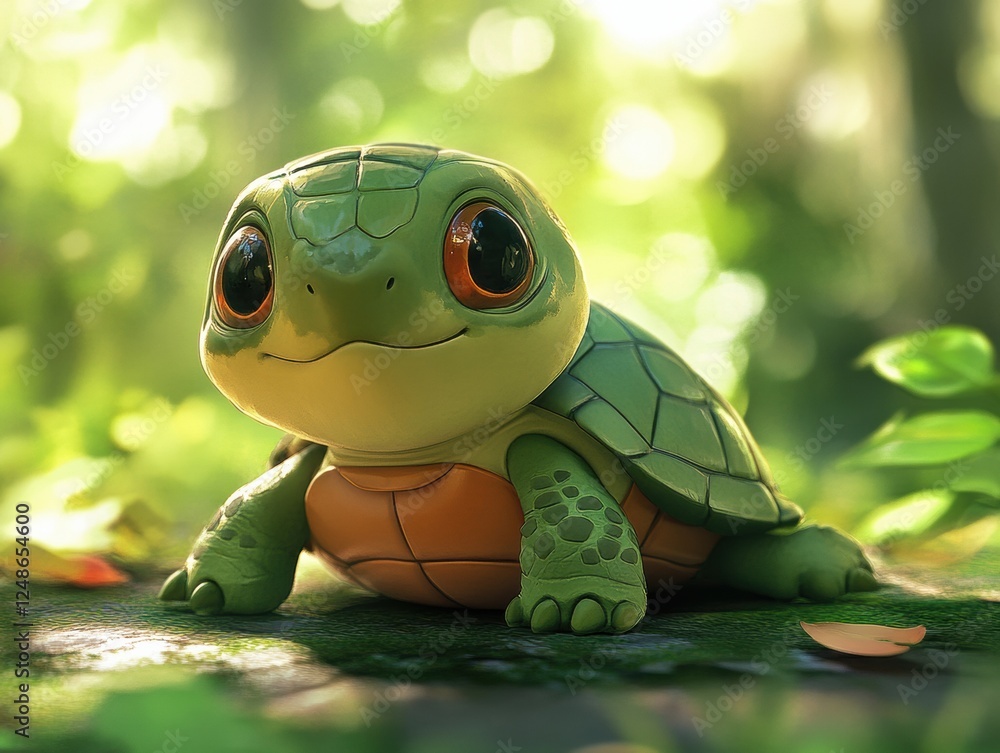 Fototapeta premium Cute turtle exploring a vibrant forest during daylight