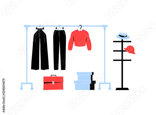 Clothing Rack With Trousers, Red Sweater, Hats, And Accessories In Flat Vector Illustration Symbolizing Fashion, Wardrobe Organization, And Shopping, Isolated On White Background