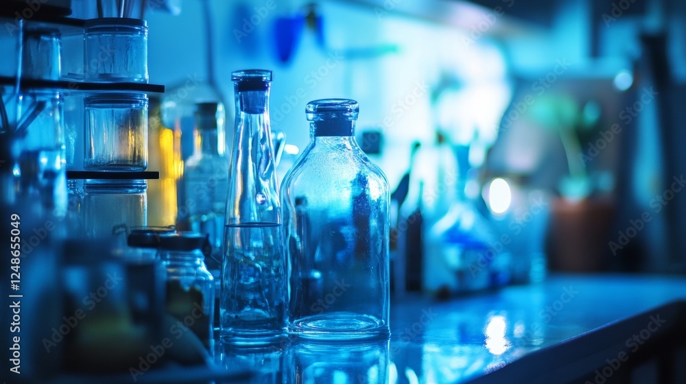 Laboratory glassware with blue neon lighting Laboratory glassware with blue neon lighting