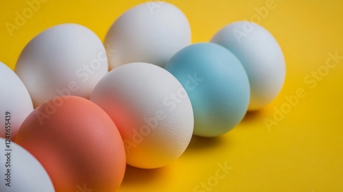 Pastel-colored eggs on a vibrant yellow background
