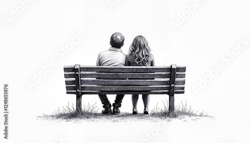 Black and white drawing of couple sitting on bench