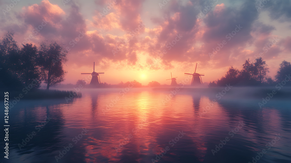 An atmospheric photography of the Kinderdijk windmills at sunrise, with the sky painted in soft pastel hues and mist rolling over the water. An atmospheric photography of the Kinderdijk windmills at sunrise, with the sky painted in soft pastel hues and mist rolling over the water.
