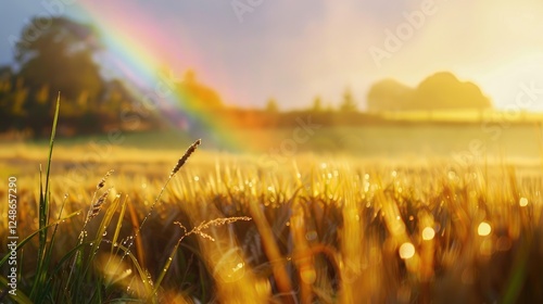 Radiant Sunset With Rainbow Over Golden Grain