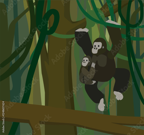 gorilla ape hanging on liana with litlle baby monkey on belly animal cartoon flat cute africa jungle vector character isolated on green jungle background