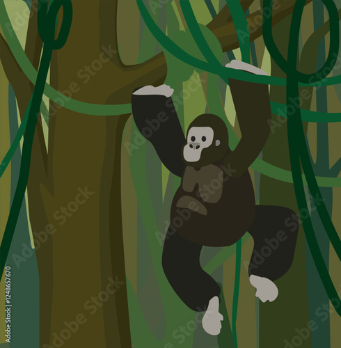 gorilla ape hanging on liana monkey animal cartoon flat cute africa jungle vector character isolated on green jungle background