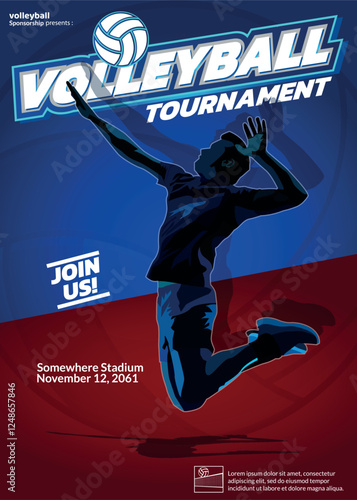 Attractive Volleyball Tournament Poster with illustration of volleyball players doing a smash and attractive tournament logo, and a very attractive, very elegant gold title for a sporty and active.