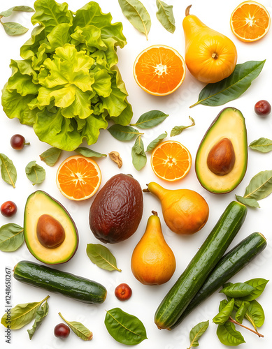 The concept of healthy eating. Pattern composition from vegetables and fruits. Food background, wallpaper. Leaves of lettuce, tangerines, avocado, pears, cucumbers on a white background, dinamic sce photo