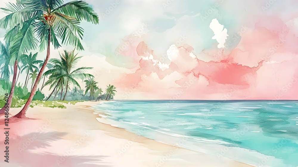 Fototapeta premium Watercolor painting depicting a tropical beach with palm trees