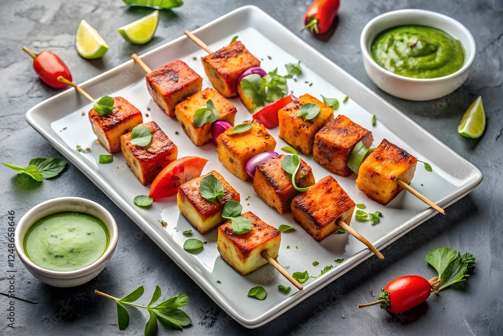 Paneer tikka served on a white rectangular plate