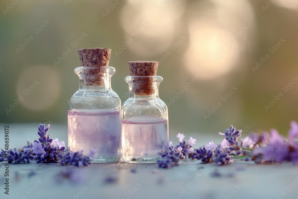 Small glass bottles filled with herbal-infused oils rest on a wooden surface. Scattered lavender and chamomile flowers enhance the soothing, tranquil ambiance of the setting Small glass bottles filled with herbal-infused oils rest on a wooden surface. Scattered lavender and chamomile flowers enhance the soothing, tranquil ambiance of the setting